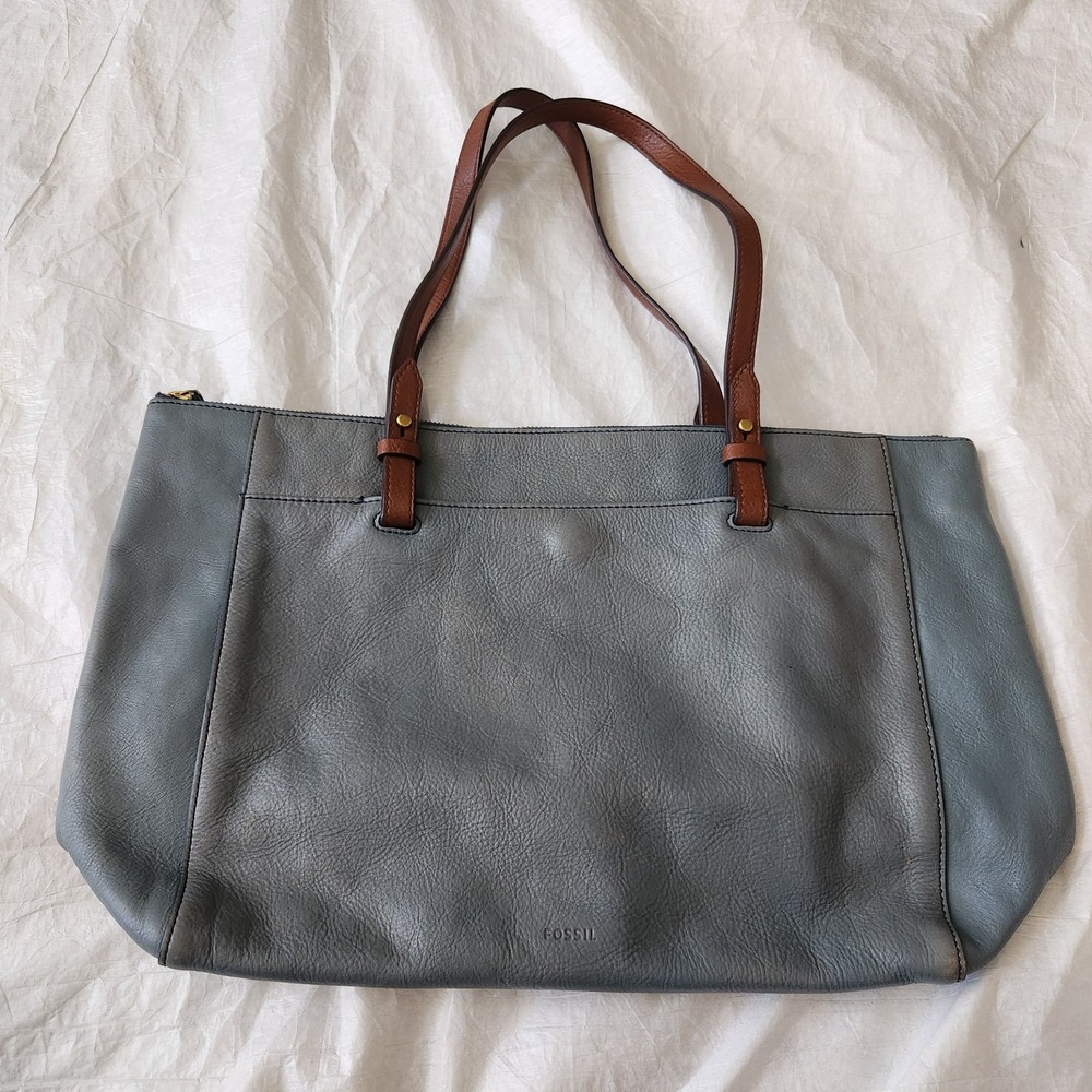 Fossil Shoulder Bag Light Blue Leather Top Zip Tote Bag Purse